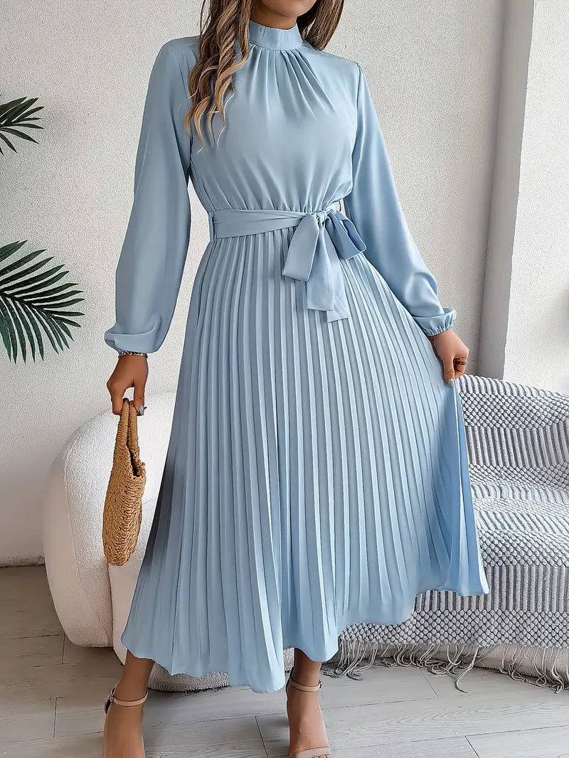 Mira | Dames Midi-jurk - Geplooide Taille, Lange Mouwen, Elegante Look Lichtblauw