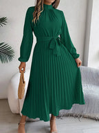 Mira | Dames Midi-jurk - Geplooide Taille, Lange Mouwen, Elegante Look Groen