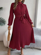 Mira | Dames Midi-jurk - Geplooide Taille, Lange Mouwen, Elegante Look Bordeaux