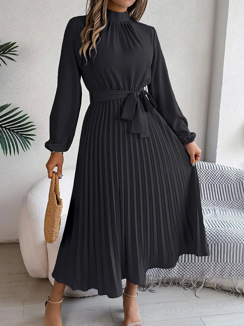 Mira | Dames Midi-jurk - Geplooide Taille, Lange Mouwen, Elegante Look Zwart