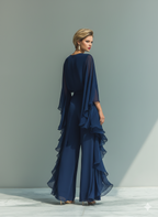 Mira | Dames Tweedelige Set - Chiffon Marineblauw met Ruches