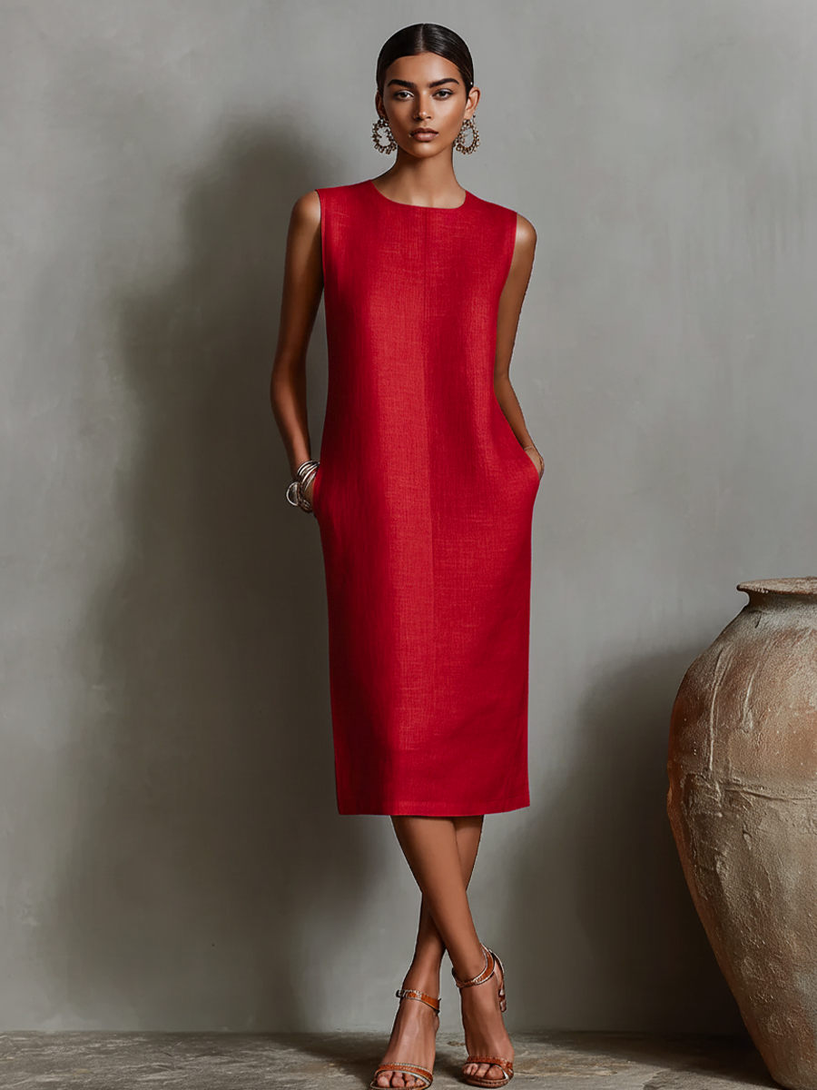 Mira | Damesjurk - Linnen Mouwloos met Zijzakken, Casual Zomerstijl Rood