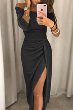 Olivia | Dames Midi-jurk - Off-shoulder met Ruches en Split Zwart