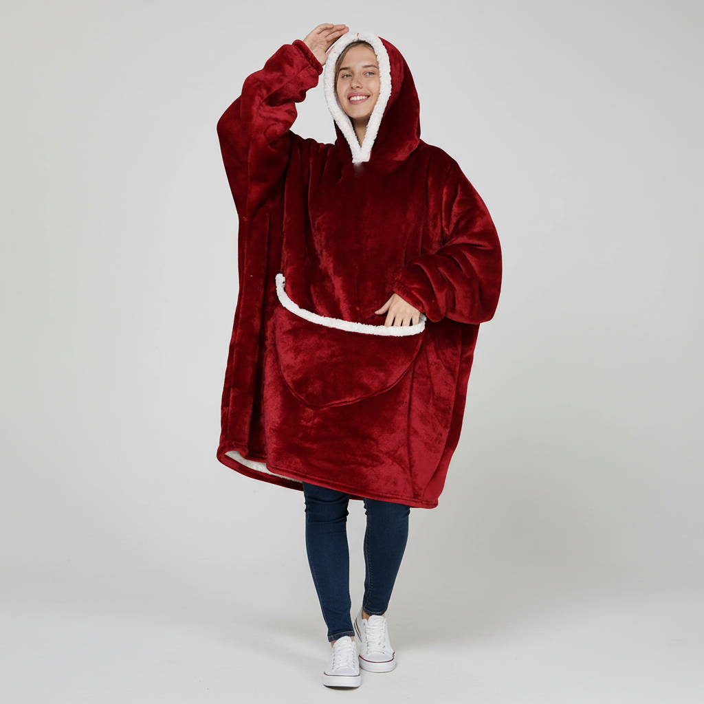 Oversized Fleece Deken met Capuchon – Hoodie Deken met Zakken, Draagbare Deken met Eenhoorn & Regenboog Print – SnuggleHood Rood