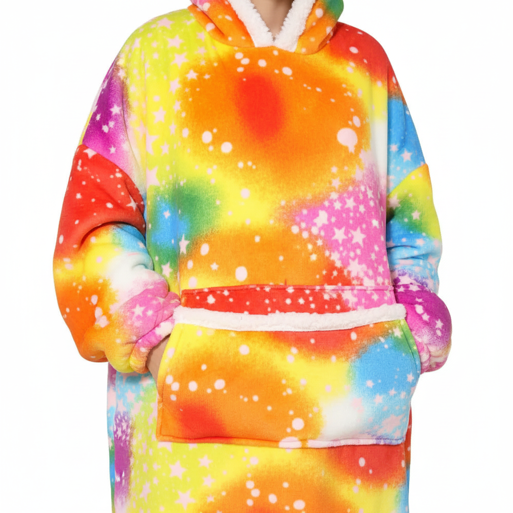 Oversized Fleece Deken met Capuchon – Hoodie Deken met Zakken, Draagbare Deken met Eenhoorn & Regenboog Print – SnuggleHood