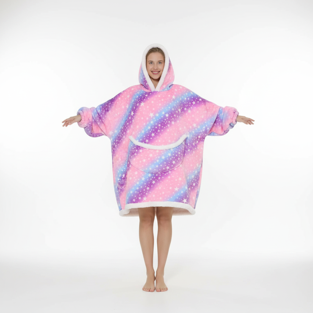 Oversized Fleece Deken met Capuchon – Hoodie Deken met Zakken, Draagbare Deken met Eenhoorn & Regenboog Print – SnuggleHood Regenboog-eenhoorn