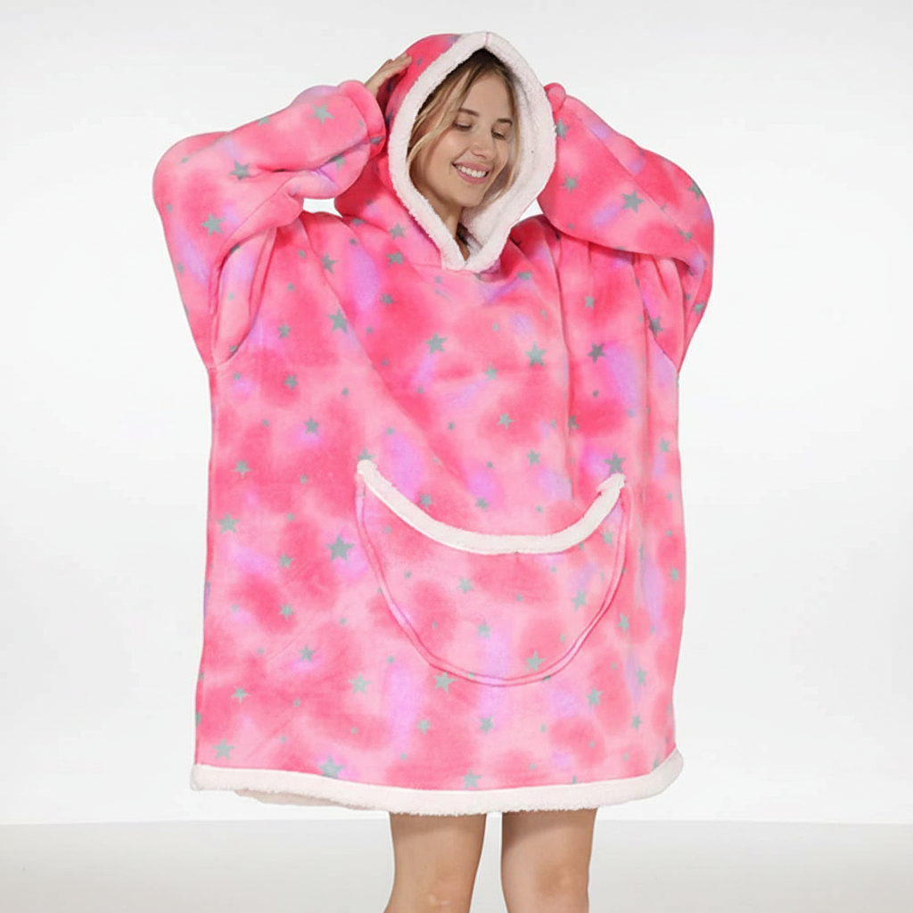 Oversized Fleece Deken met Capuchon – Hoodie Deken met Zakken, Draagbare Deken met Eenhoorn & Regenboog Print – SnuggleHood Roze
