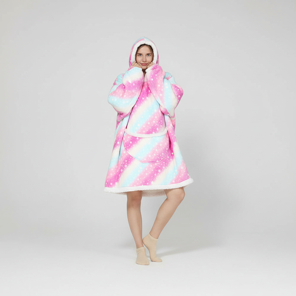 Oversized Fleece Deken met Capuchon – Hoodie Deken met Zakken, Draagbare Deken met Eenhoorn & Regenboog Print – SnuggleHood Wit-roze