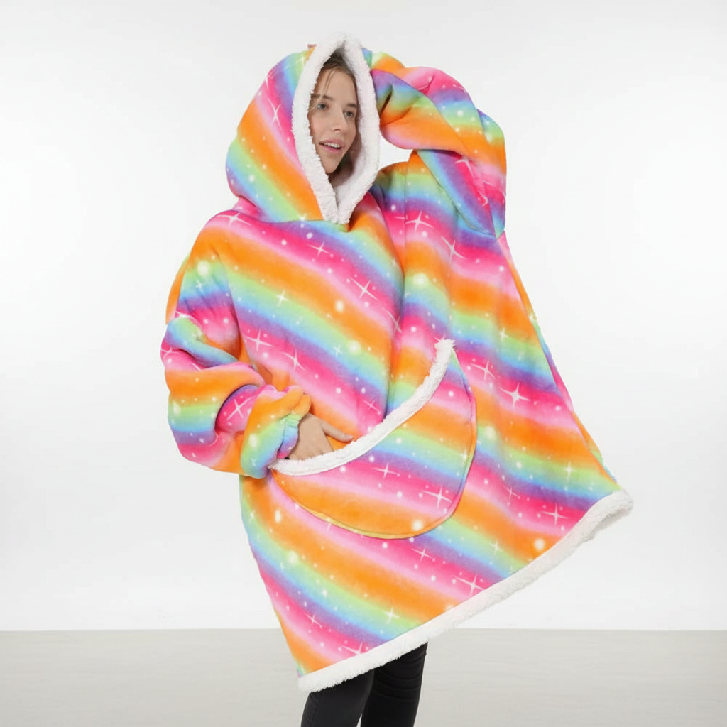 Oversized Fleece Deken met Capuchon – Hoodie Deken met Zakken, Draagbare Deken met Eenhoorn & Regenboog Print – SnuggleHood Regenboog