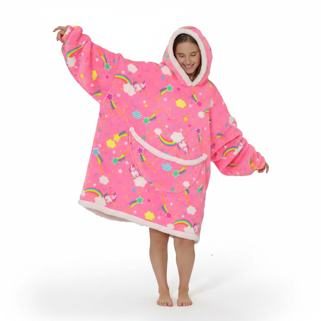 Oversized Fleece Deken met Capuchon – Hoodie Deken met Zakken, Draagbare Deken met Eenhoorn & Regenboog Print – SnuggleHood Eenhoorn roze