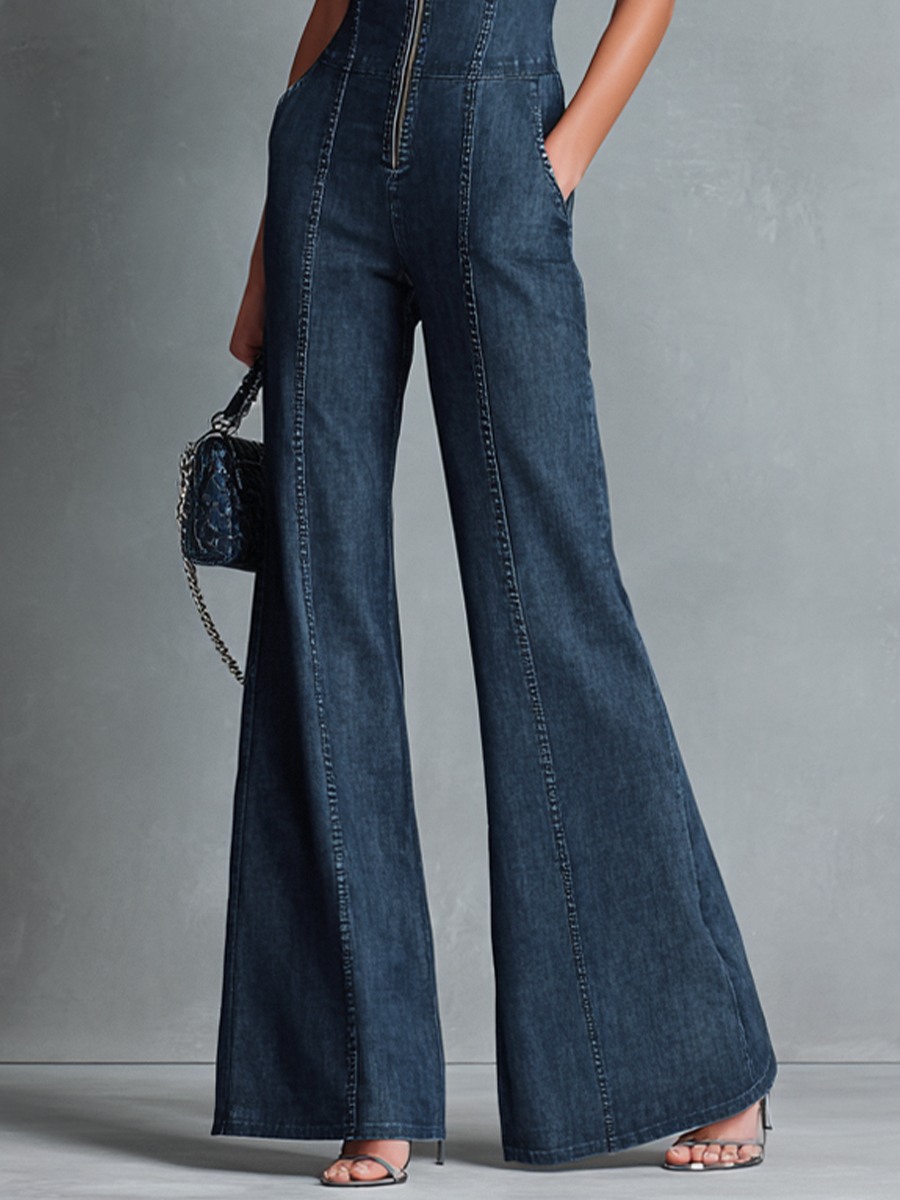 Rina | Dames Jumpsuit - Donkerblauw Denim, Mouwloos, Feestelijk Stijl