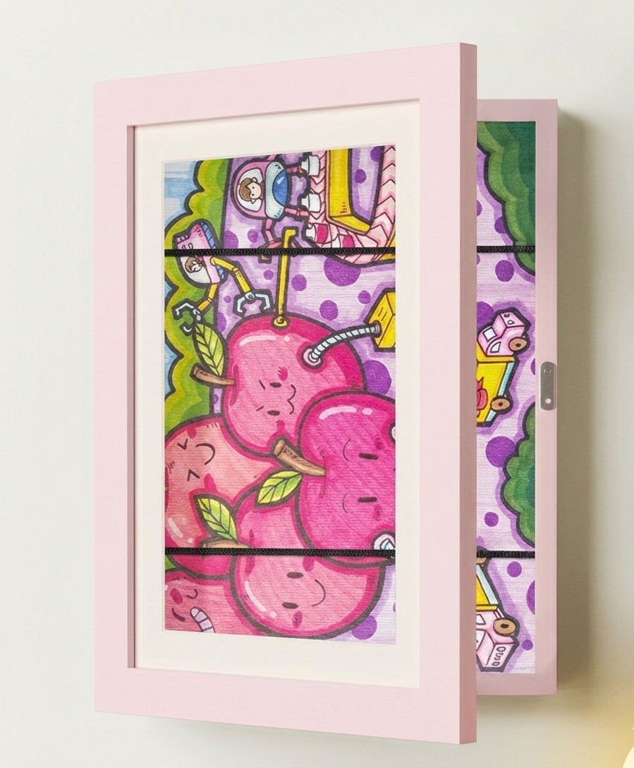 Kinderkunst Wissellijst A4 / A3 – Houten Wissellijst voor Kindertekeningen, Bewaart 150 Tekeningen, 6 Kleuren Roze