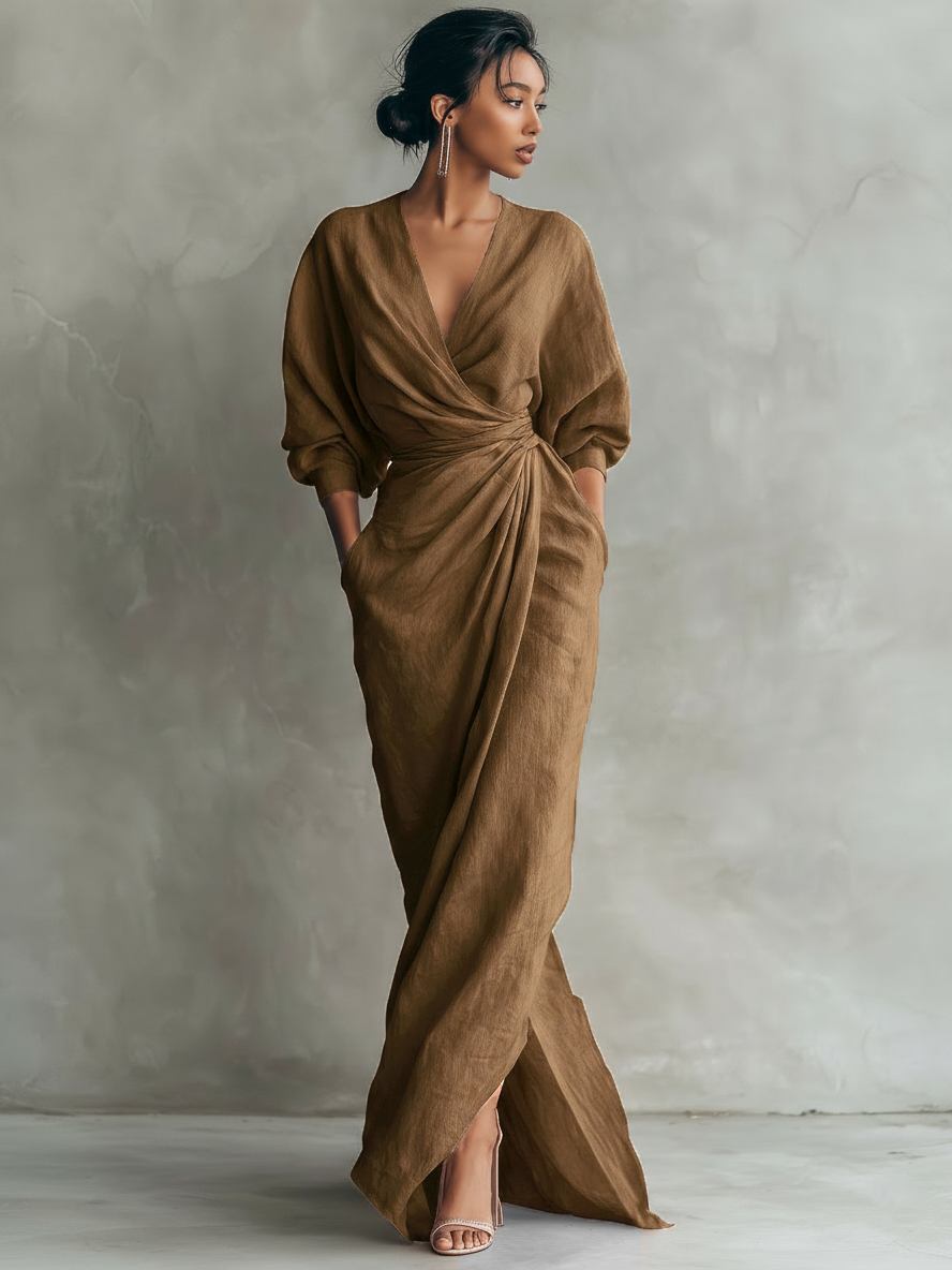 Rosa | Dames Maxi Jurk - Linnenmix, Minimalistisch V-Hals Design Bruin