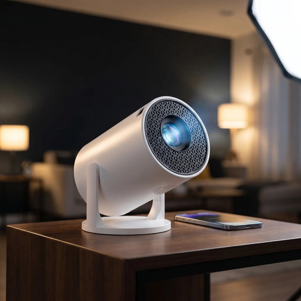 Draaibare Slimme Projector met Android 11 – Mini Beamer 180° Kantelbaar voor Muur & Plafond, Wi-Fi 6, Bluetooth 5.0, HDMI