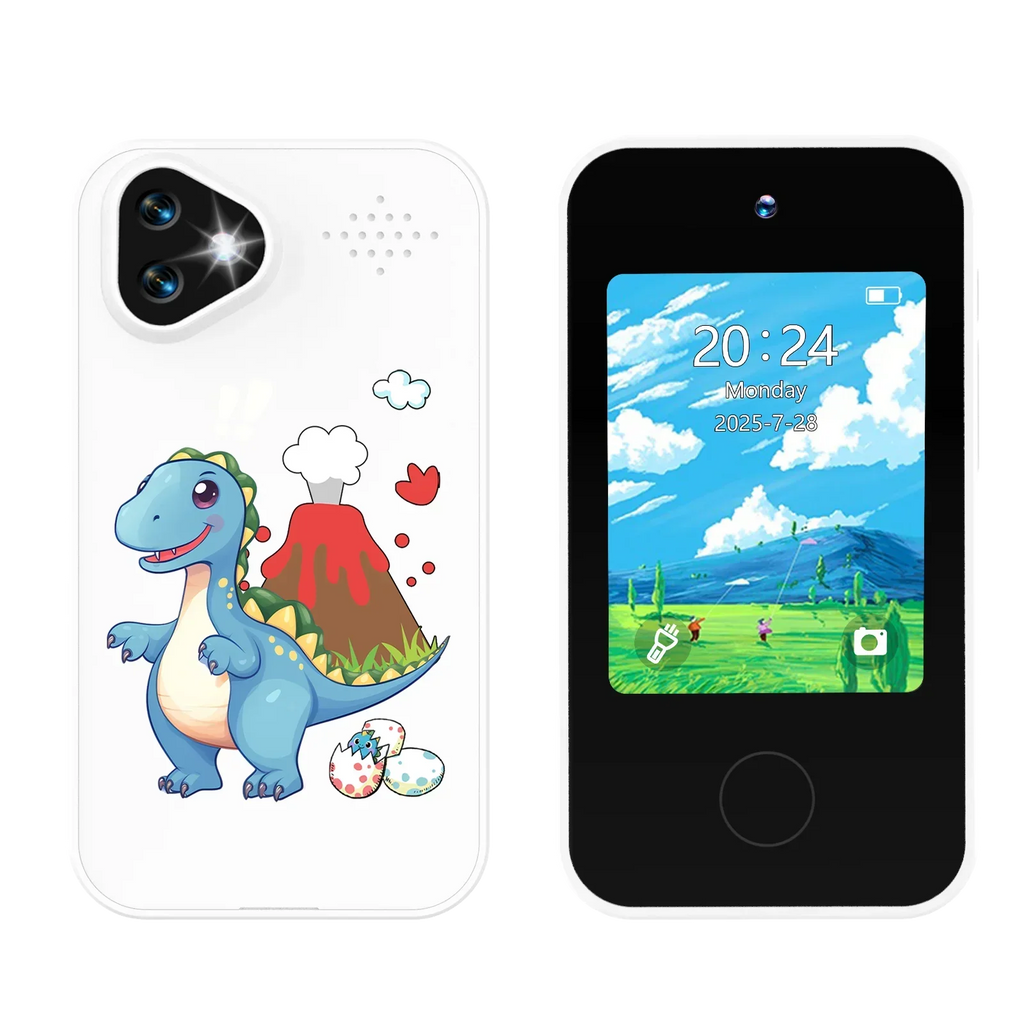 Kinder-smartphonespeelgoed met dubbele camera - 1080P HD-video & MP3-muziekspeler met spelletjes Dinosaurus Wit