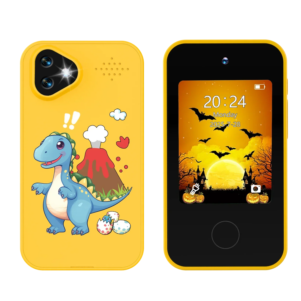 Kinder-smartphonespeelgoed met dubbele camera - 1080P HD-video & MP3-muziekspeler met spelletjes Dinosaurus Geel
