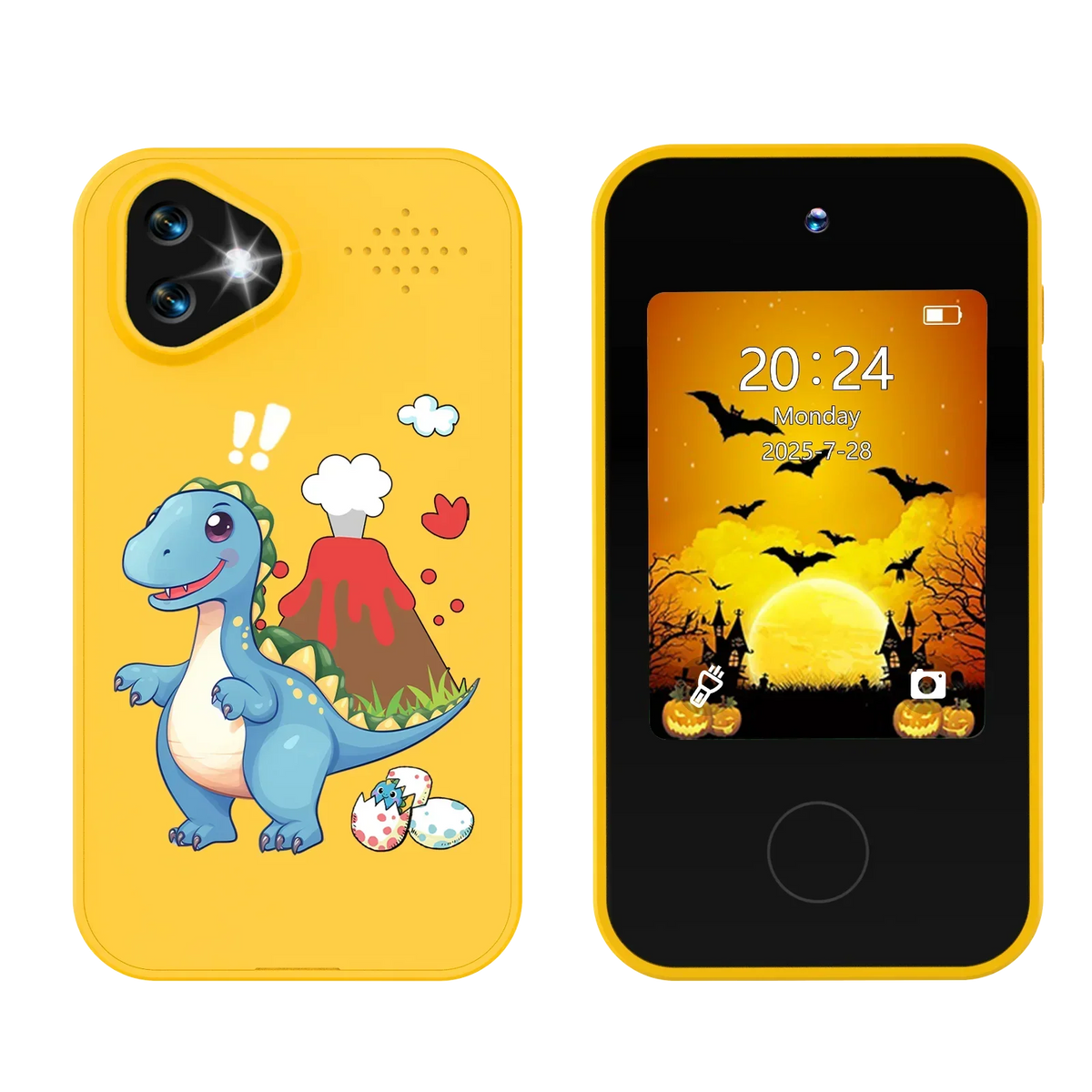 Kinder-smartphonespeelgoed met dubbele camera - 1080P HD-video & MP3-muziekspeler met spelletjes Dinosaurus Geel