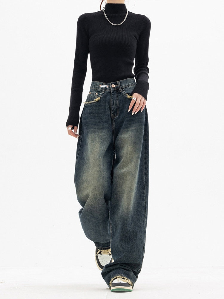 Vintage Baggy Dames Jeans – High Waist Wide Leg Jeans, Blauwgrijs, S–XL – Aria Blauwgrijs