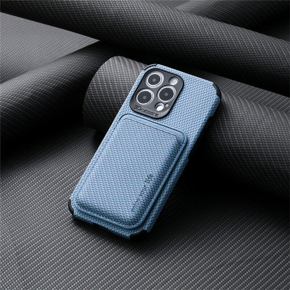 MagSafe Telefoonhoesje met Portemonnee – iPhone Hoesje met Pasjeshouder, MagSafe Compatible, Carbon Look, iPhone 11 t/m 17 – TitanWallet Carbon Blauw