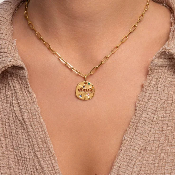 Bersh | Moederdag MAMA Ketting Cadeau - Onregelmatige Ronde Beschermhanger van Waterdicht Roestvrij Staal, Fijn Mama-Sieraad Cadeau voor Vrouwen Mama - Variant 1