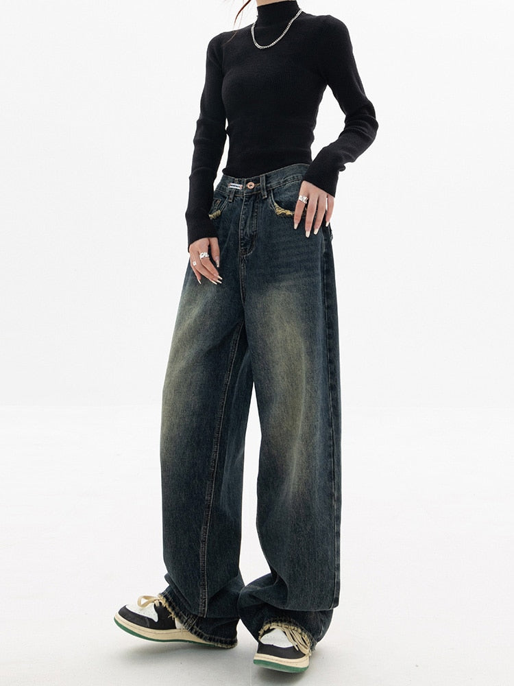 Vintage Baggy Dames Jeans – High Waist Wide Leg Jeans, Blauwgrijs, S–XL – Aria
