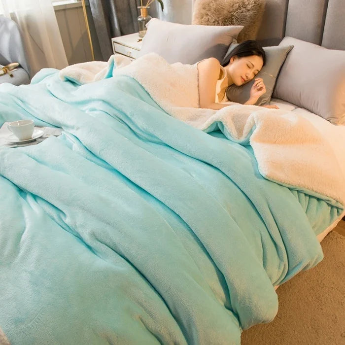 Dubbelzijdige Flanel & Fleece Plaid – Zachte Warme Deken voor Bed en Bank, 12 Kleuren, 5 Maten Meerblauw