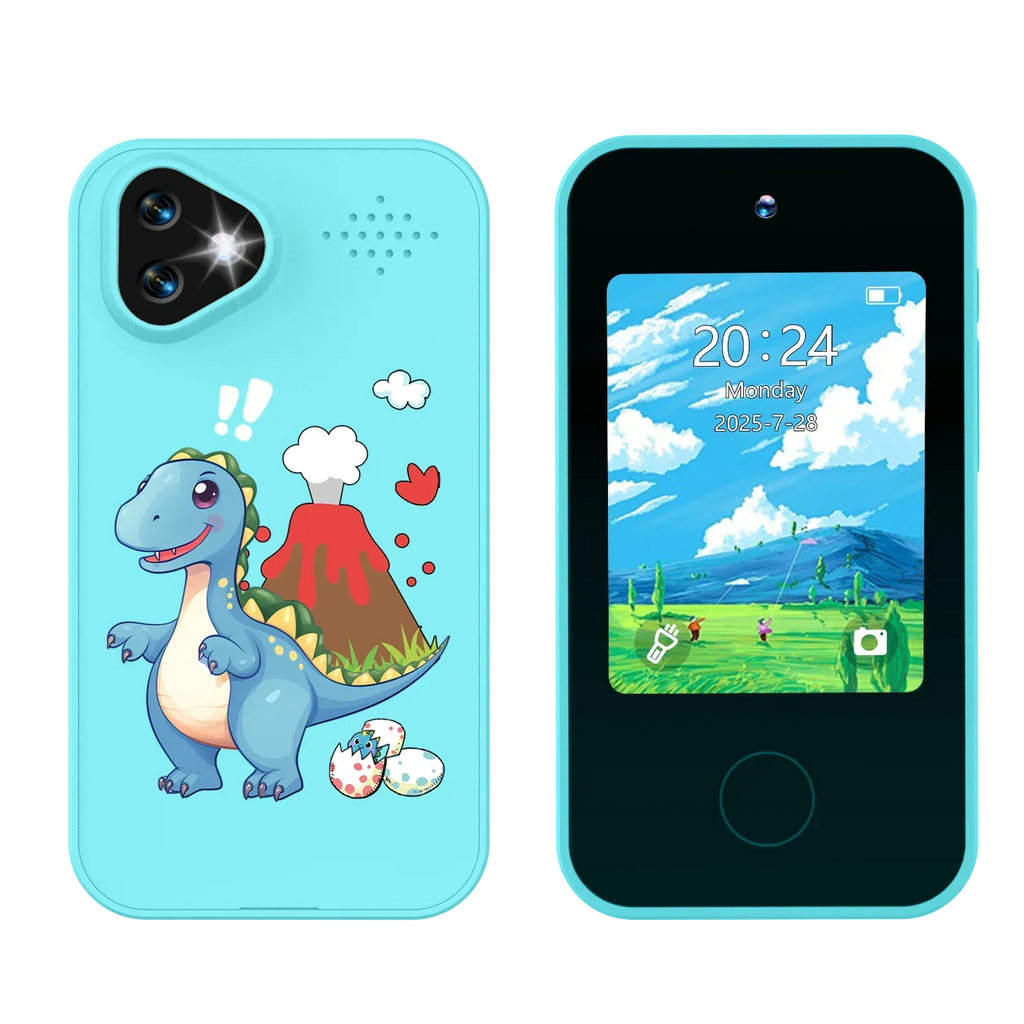 Kinder-smartphonespeelgoed met dubbele camera - 1080P HD-video & MP3-muziekspeler met spelletjes Dinosaurus Blauw