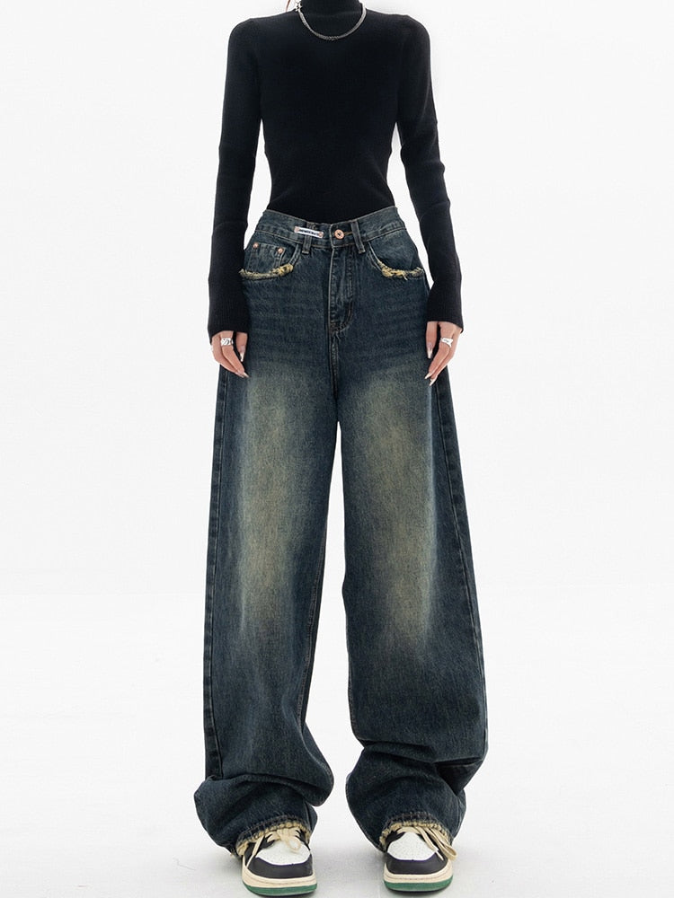 Vintage Baggy Dames Jeans – High Waist Wide Leg Jeans, Blauwgrijs, S–XL – Aria