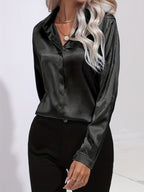 Samantha | Dames Blouse - Luxe Satijn, Lange Mouwen Zwart
