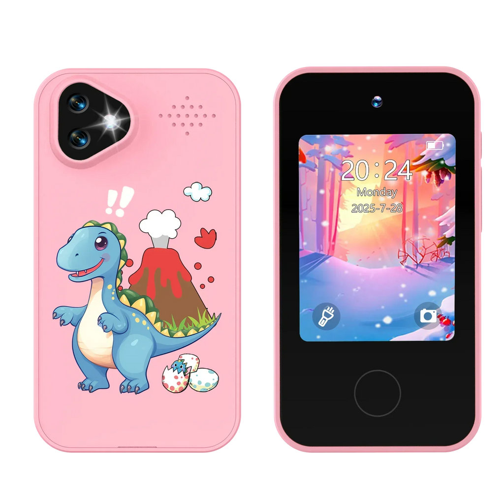 Kinder-smartphonespeelgoed met dubbele camera - 1080P HD-video & MP3-muziekspeler met spelletjes Dinosaurus Roze