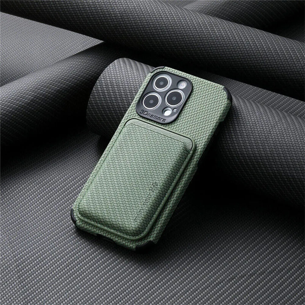 MagSafe Telefoonhoesje met Portemonnee – iPhone Hoesje met Pasjeshouder, MagSafe Compatible, Carbon Look, iPhone 11 t/m 17 – TitanWallet Carbon Groen