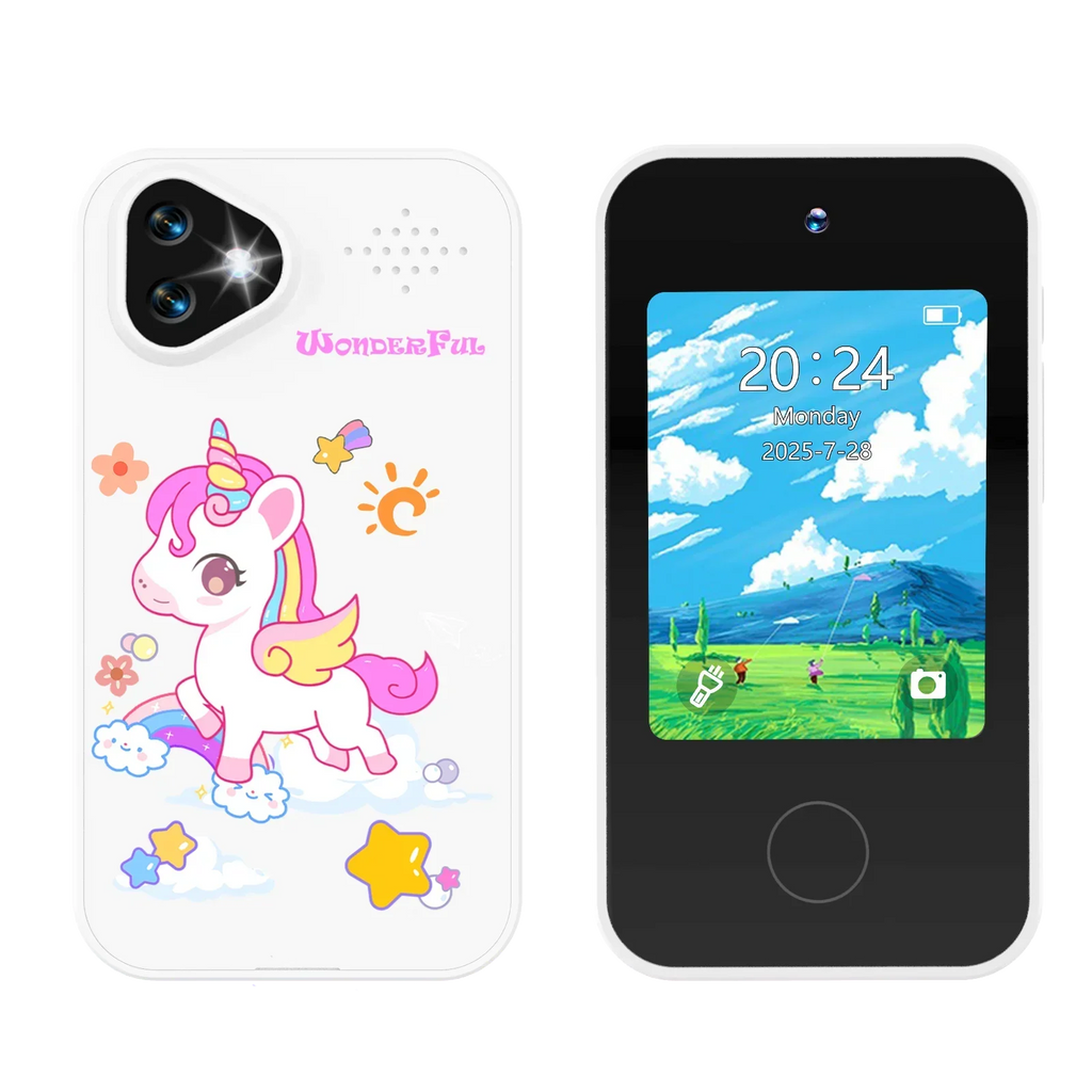 Kinder-smartphonespeelgoed met dubbele camera - 1080P HD-video & MP3-muziekspeler met spelletjes Pony Wit