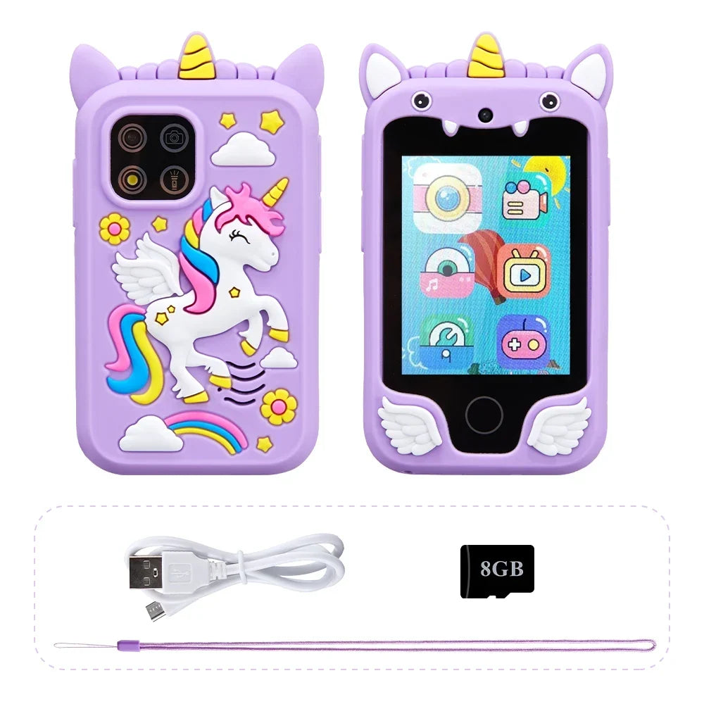 Kinder-smartphonespeelgoed met dubbele camera - Touchscreen eenhoorn MP3-muziekspeler voor 3-8 jaar Paars