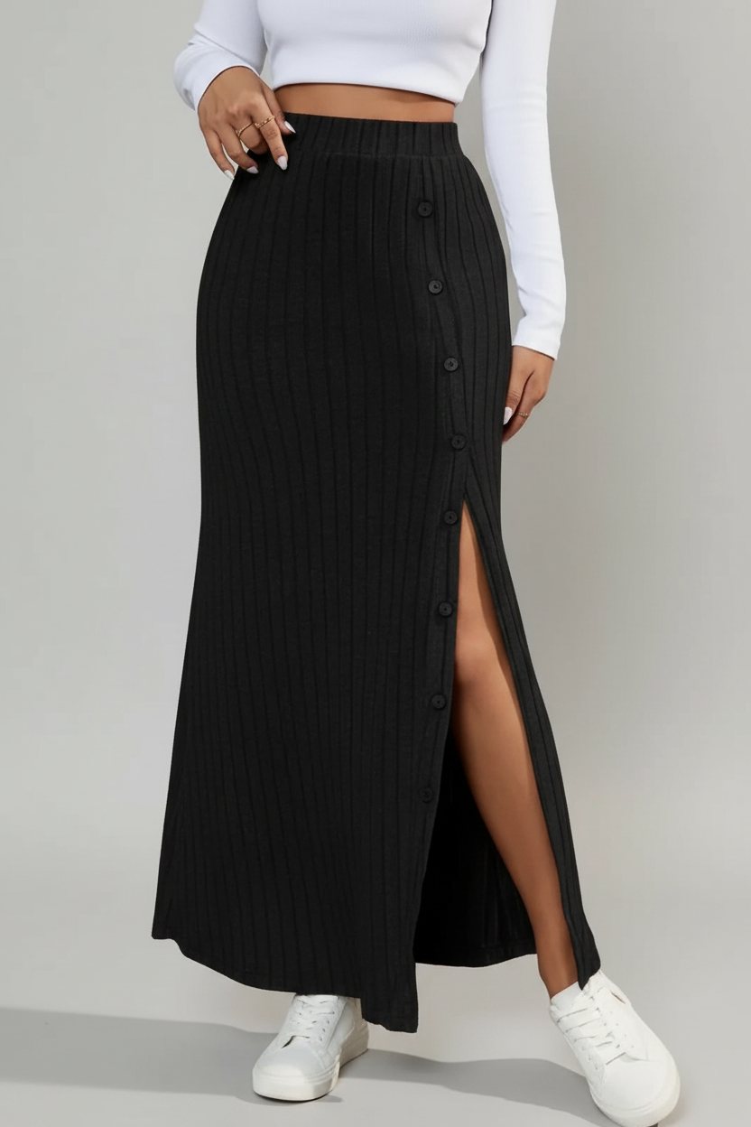 Lysandra | Maxi Rok Dames - Polyester - Geribbeld Stretch Zwart