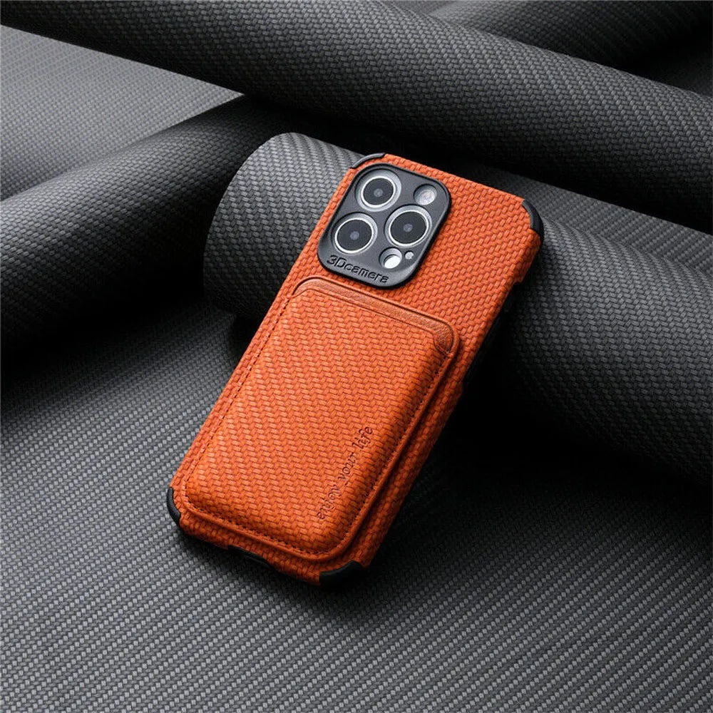 MagSafe Telefoonhoesje met Portemonnee – iPhone Hoesje met Pasjeshouder, MagSafe Compatible, Carbon Look, iPhone 11 t/m 17 – TitanWallet Carbon Oranje