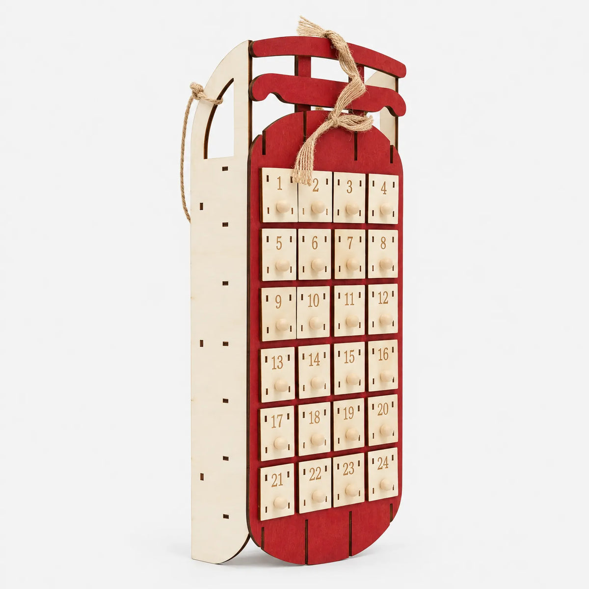 Houten Adventskalender Slee – Herbruikbare Arrenslee met Laatjes om te Vullen & Op te Hangen