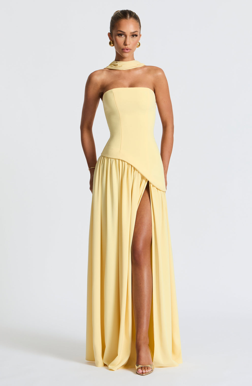 Sophie | Dames Maxi Jurk - Hoge Split, Asymmetrische Taille Geel