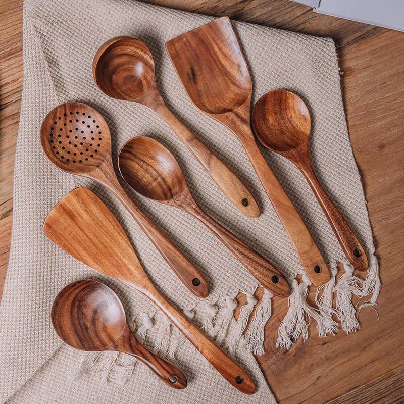 Natuurlijke Houten Keukenset – Rustiek Houten Kookgerei, Set van 4 of 7 Stuks – RustiCook