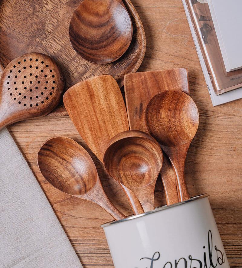 Natuurlijke Houten Keukenset – Rustiek Houten Kookgerei, Set van 4 of 7 Stuks – RustiCook