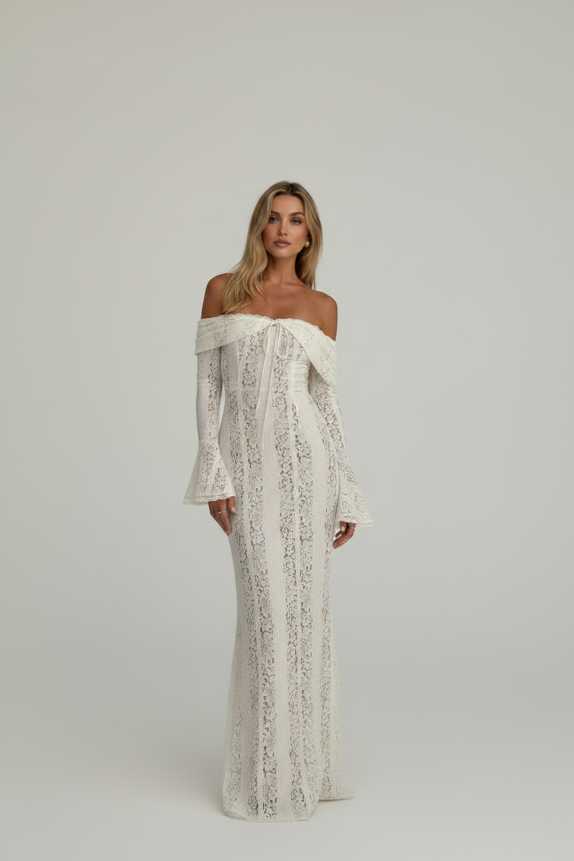 Kiara | Galajurk Dames - Wit Kant Off-Shoulder Trompetmouwen Wit