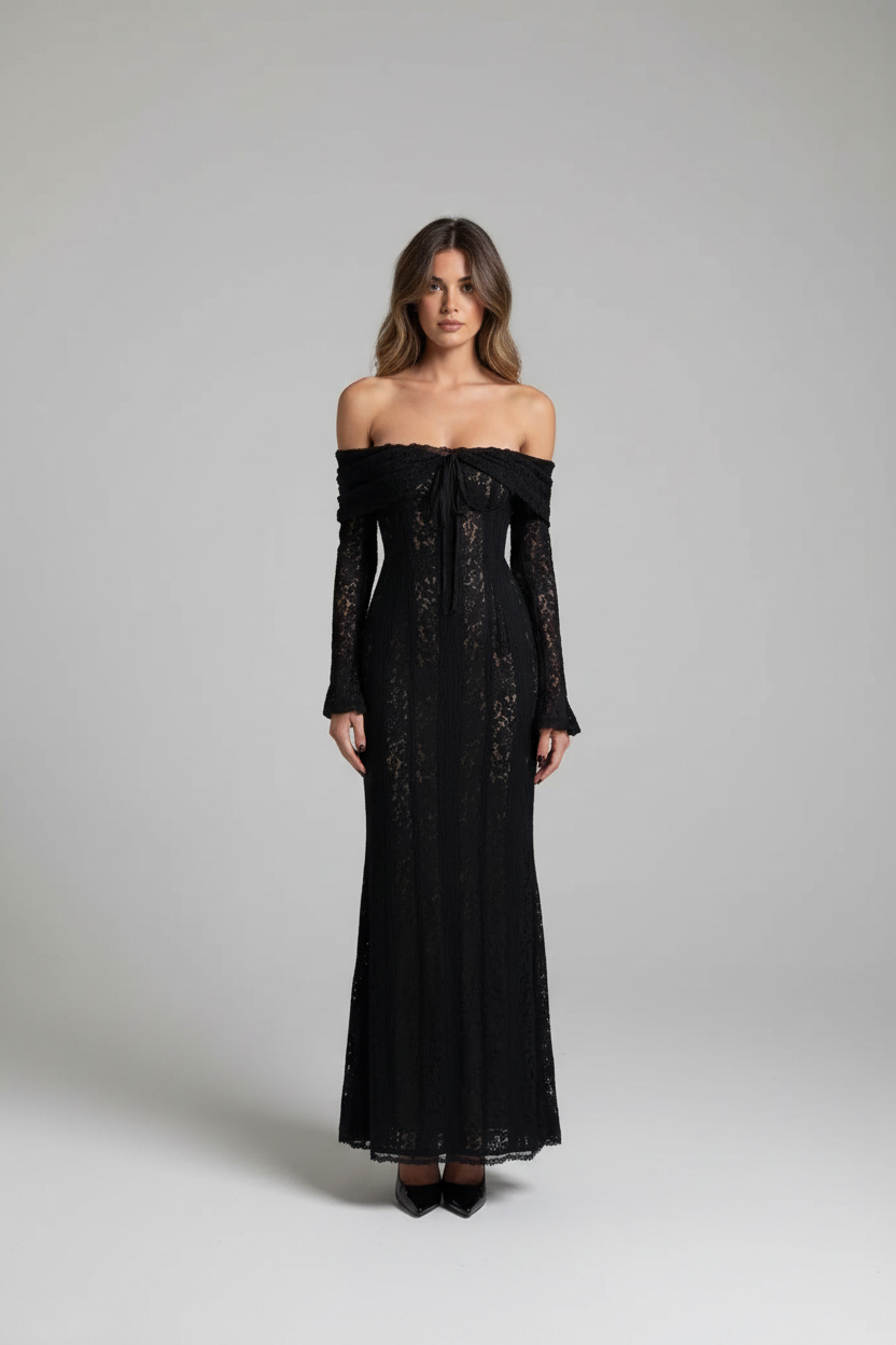 Kiara | Galajurk Dames - Wit Kant Off-Shoulder Trompetmouwen Zwart