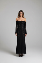 Kiara | Galajurk Dames - Wit Kant Off-Shoulder Trompetmouwen Zwart