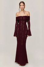 Kiara | Galajurk Dames - Wit Kant Off-Shoulder Trompetmouwen Bordeauxrood