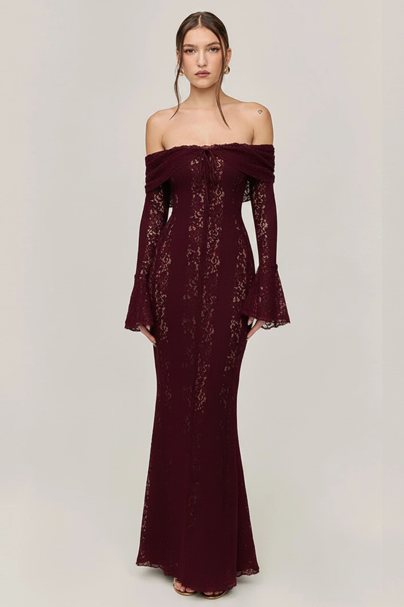 Kiara | Galajurk Dames - Wit Kant Off-Shoulder Trompetmouwen Bordeauxrood