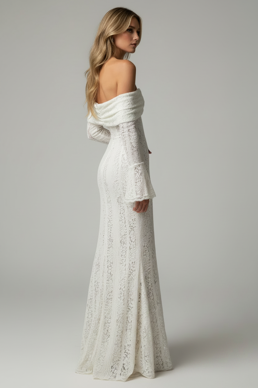 Kiara | Galajurk Dames - Wit Kant Off-Shoulder Trompetmouwen