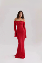 Kiara | Galajurk Dames - Wit Kant Off-Shoulder Trompetmouwen Rood