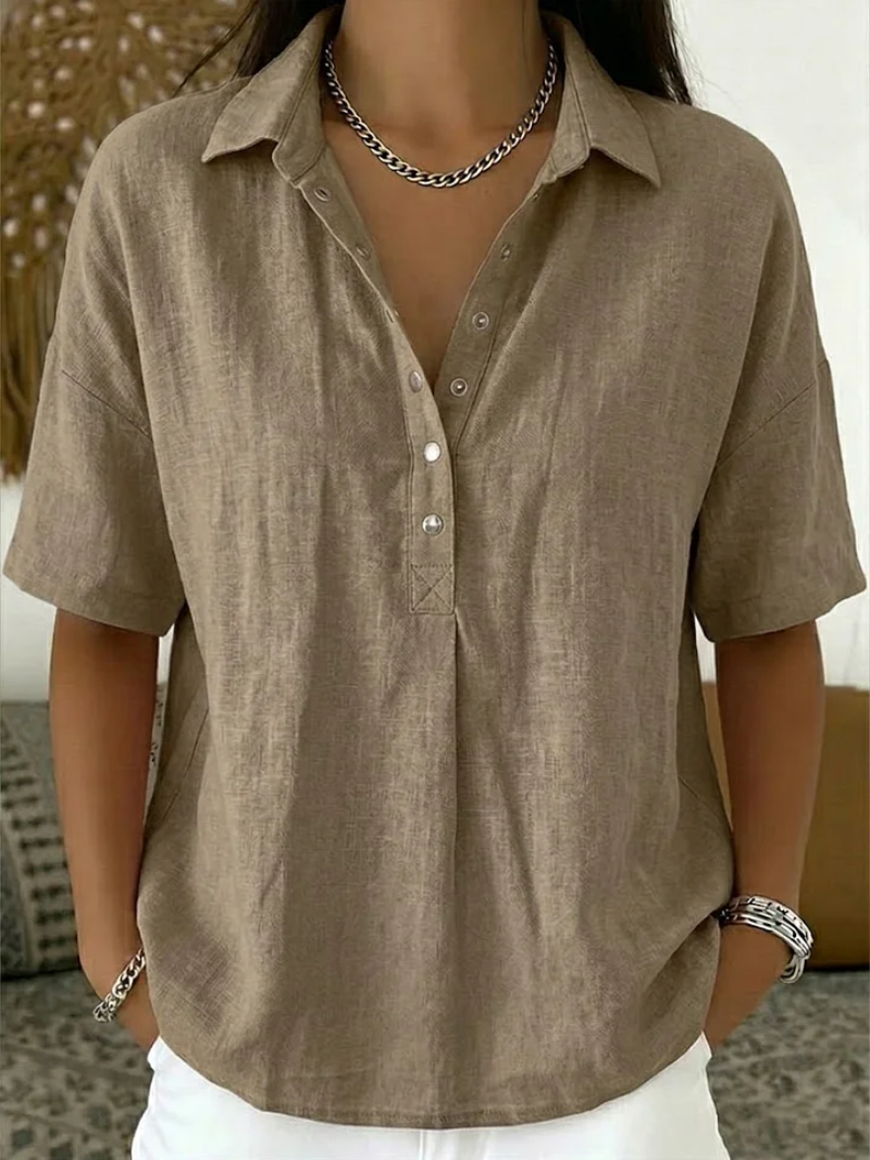 Tessa | Blouse Dames - Wit Katoenmix - V-Hals Korte Mouwen Khaki