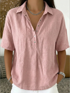 Tessa | Blouse Dames - Wit Katoenmix - V-Hals Korte Mouwen Roze
