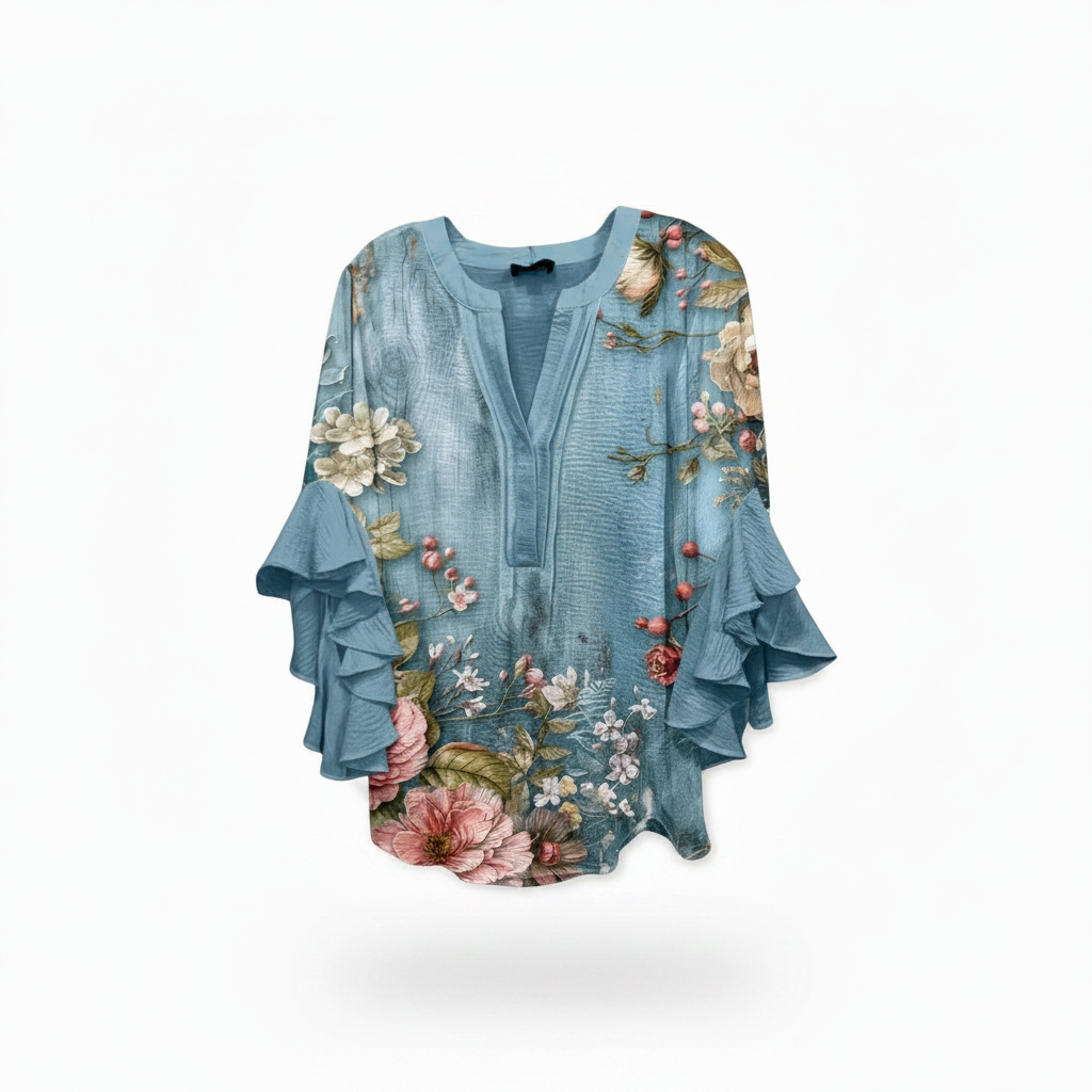 Tina | Dames Blouse - Elegante Stijl met V-Hals en Ruches Blauwe Bloem