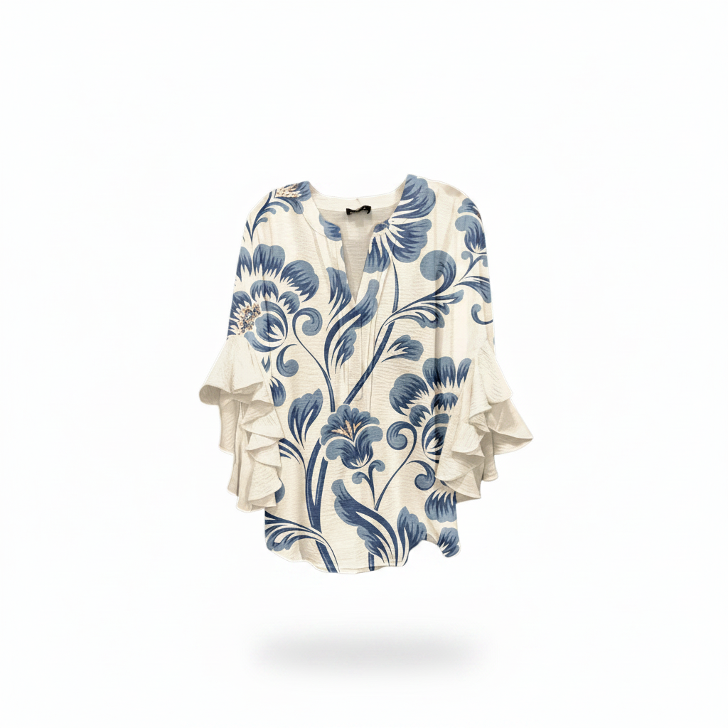 Tina | Dames Blouse - Elegante Stijl met V-Hals en Ruches Wit Blauw